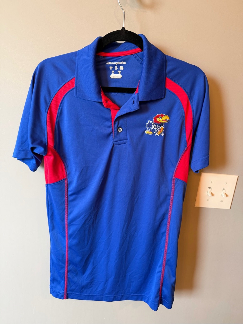 Champion Blue Polo with Red Accents and Embroidered Jayhawk